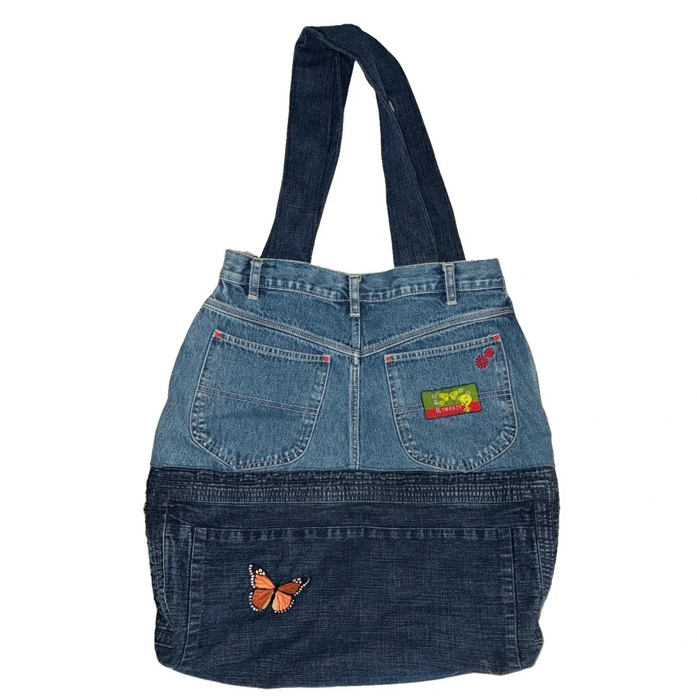 Vintage Reworked Denim Bag Looney Tunes Butterfly Up-cycled Handmade 20x16